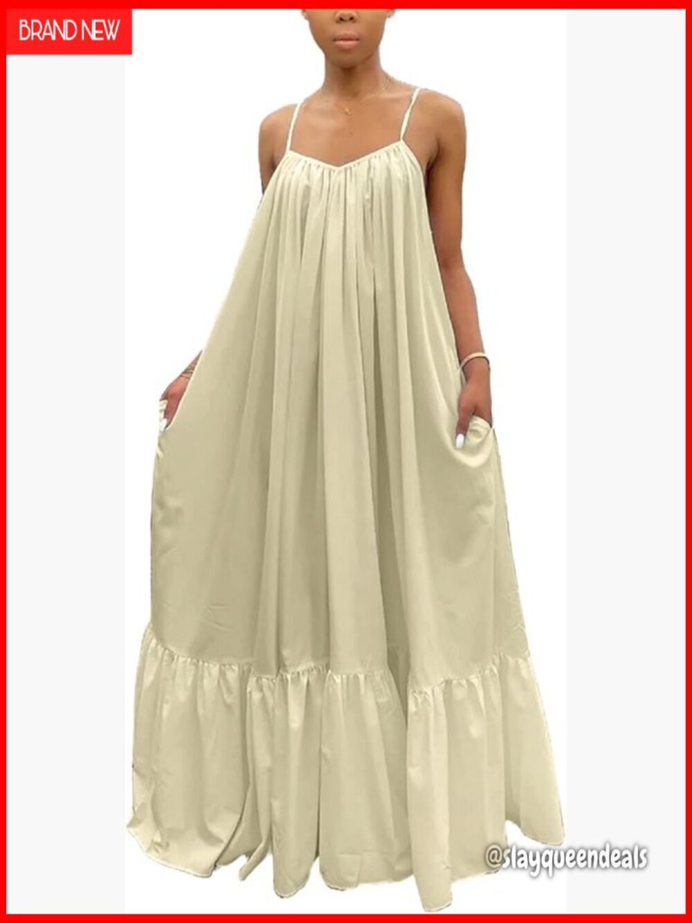 Sexy Spaghetti Strap Maxi Dress with Pockets, Ruffle Hem, Loose Fit